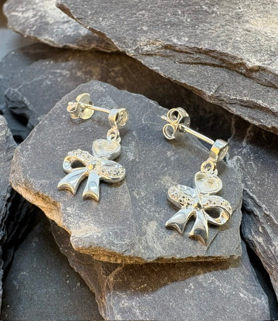 Solid Silver Bow And Heart Drop Earrings suitable for resin