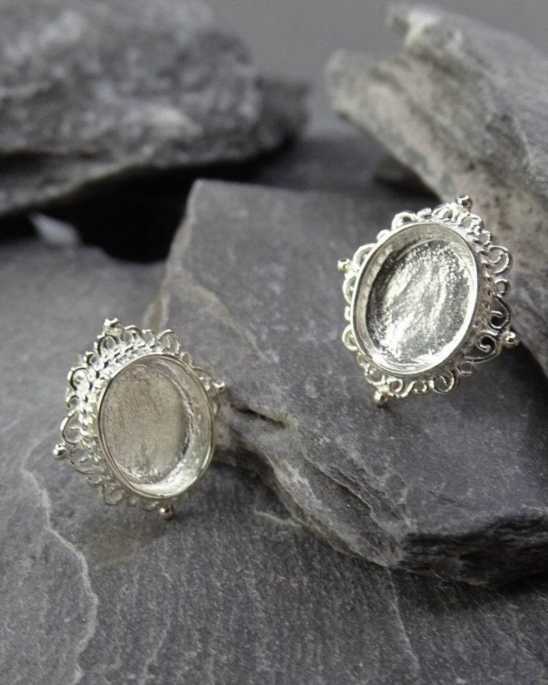 Silver Earstuds Bezel For 8x6 Cabochon