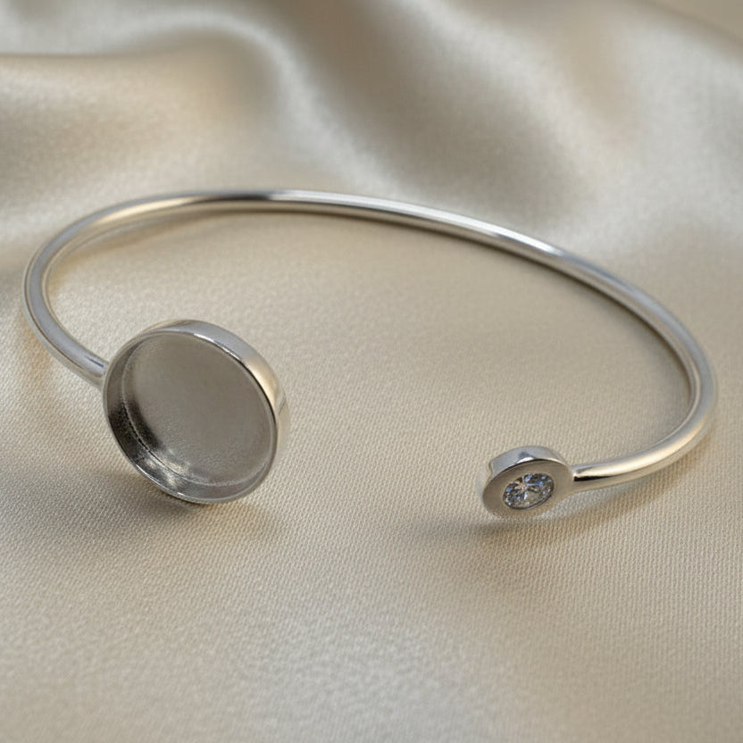 Solid Silver Bangle With Bezel Setting For 14.5mm Stone or Resin
