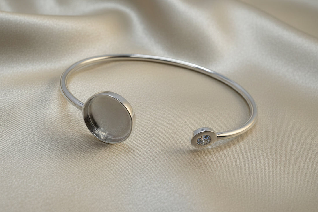 Solid Silver Bangle With Bezel Setting For 14.5mm Stone or Resin