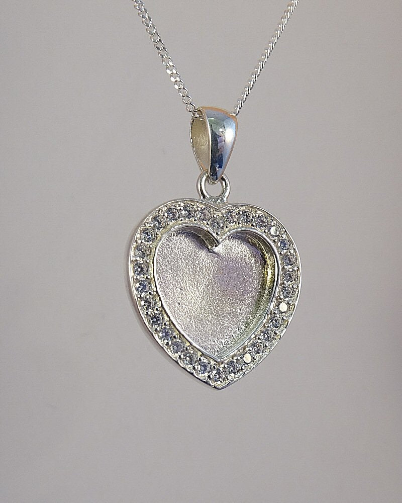 Stunning Silver Heart Pendant Blank With CZ