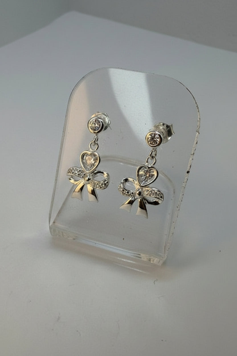 Solid Silver Bow And Heart Drop Earrings suitable for resin