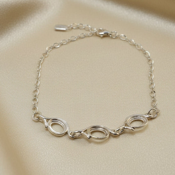 Three Stone Silver 925 Chain Bracelet Setting For 8x6 Cabochons