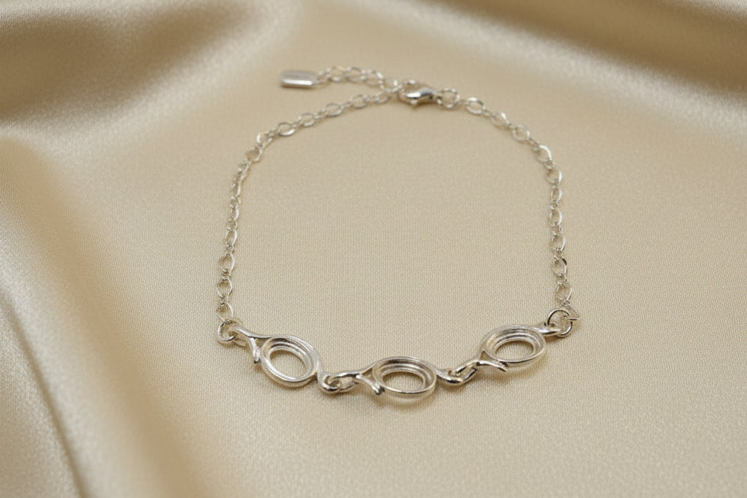Three Stone Silver 925 Chain Bracelet Setting For 8x6 Cabochons