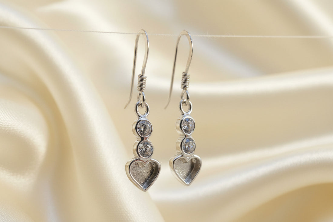 silver heart and cz memorial drop earrings