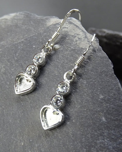 Stunning Solid Silver Drop Heart &amp; cz Earrings