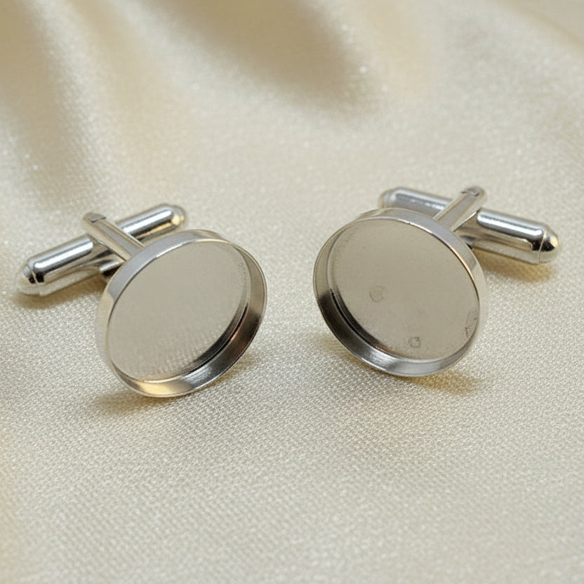 Silver Collet Bezel Cufflinks to take 14mm Cabochon Or Resin
