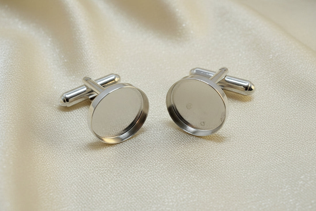 Silver Collet Bezel Cufflinks to take 14mm Cabochon Or Resin