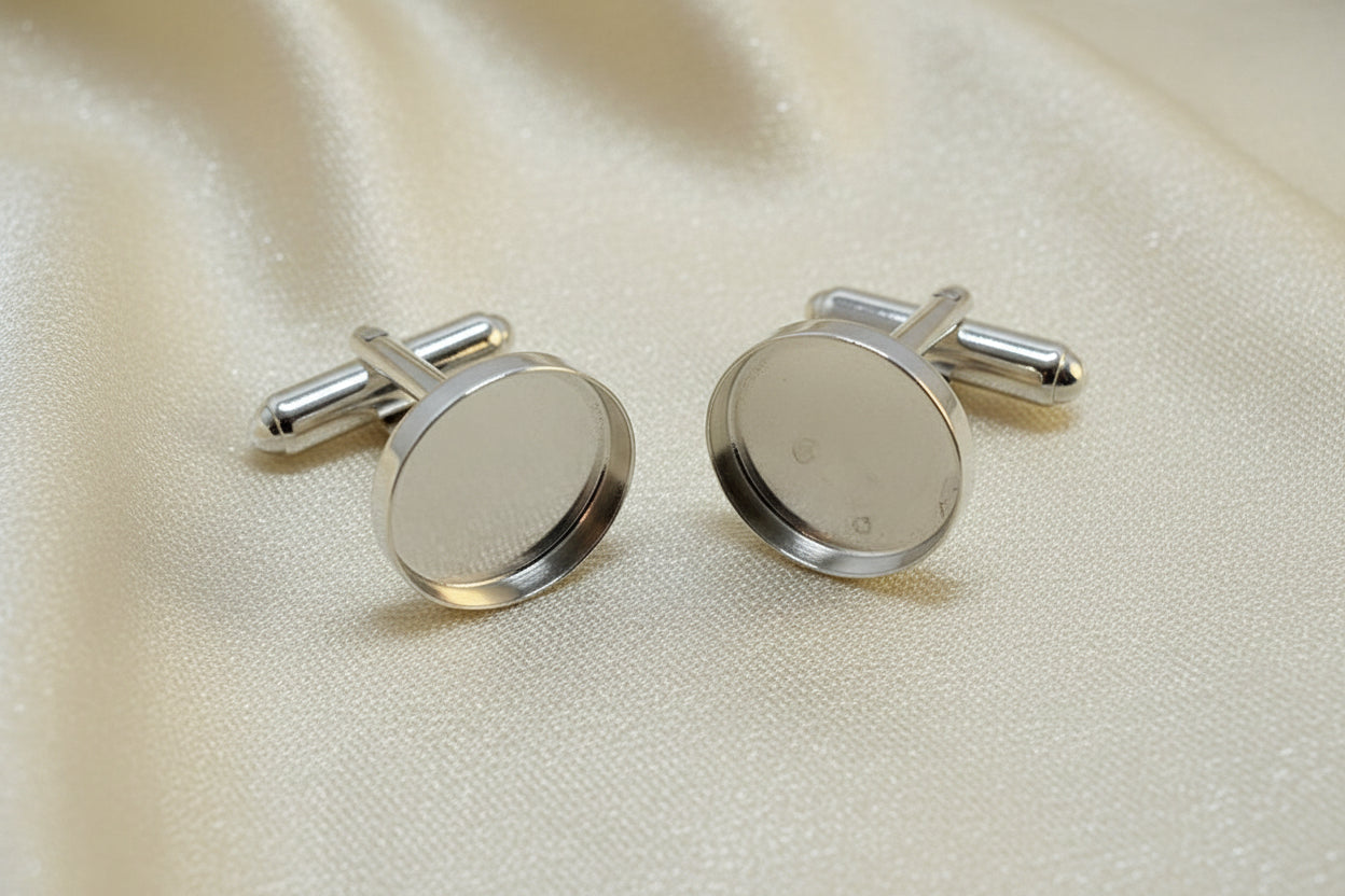 Silver Collet Bezel Cufflinks to take 14mm Cabochon Or Resin