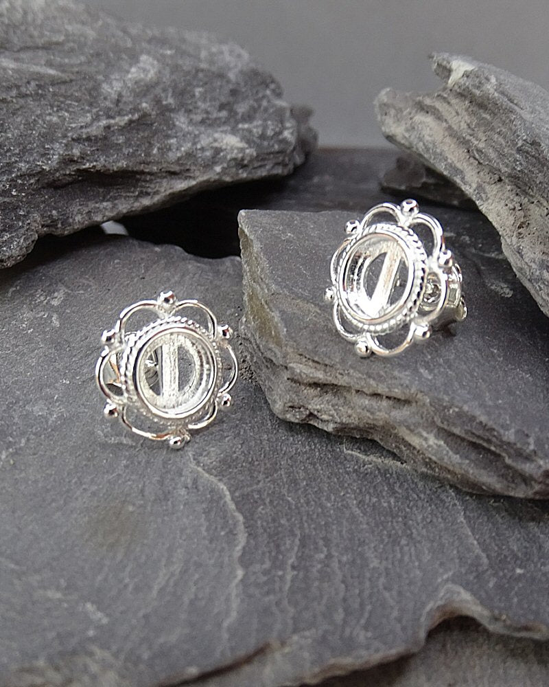 Silver Frill And Bead Ear Stud Setting For 6mm Stone