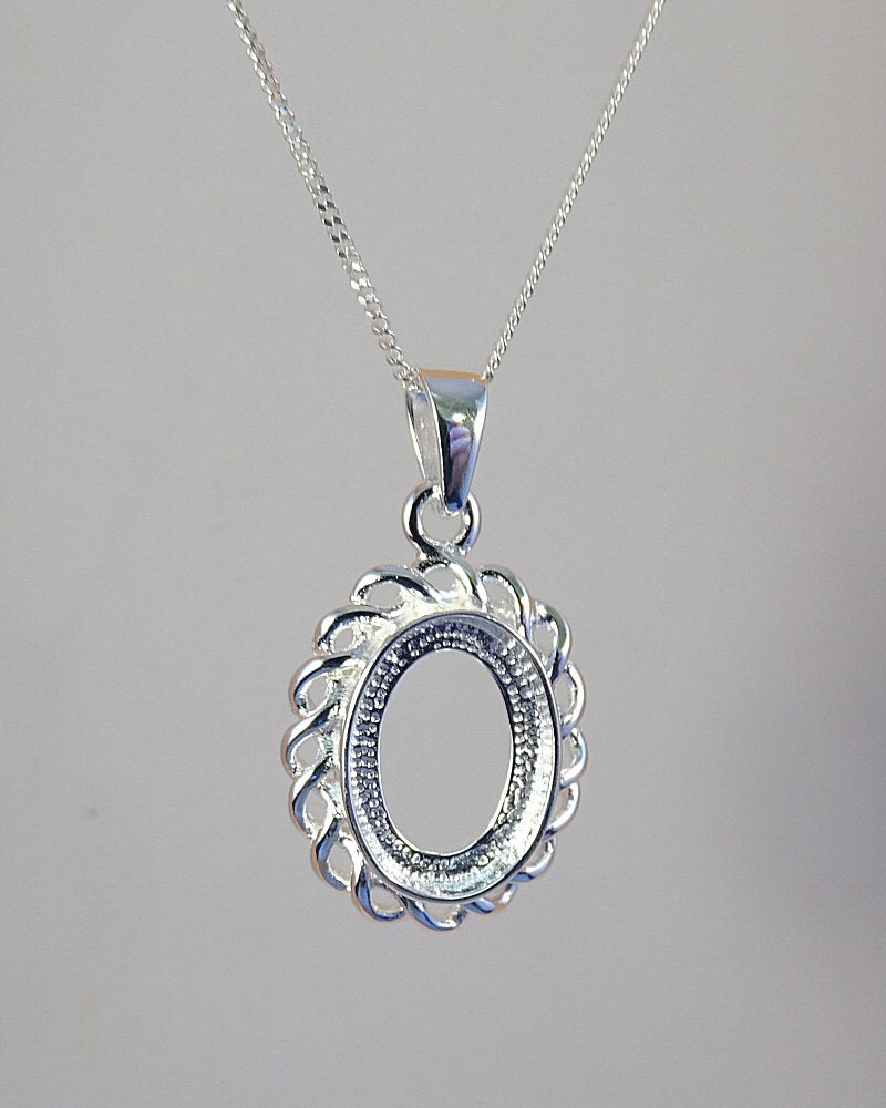 Scroll Edge Silver Pendant Setting For 14x10 Cabochons
