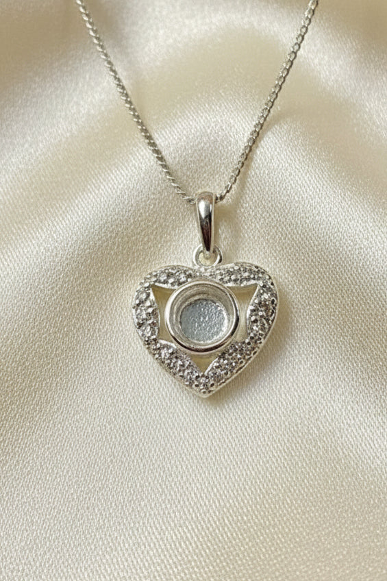 Solid Silver heart shaped pendant with cz to fit 5mm cabochon or resin