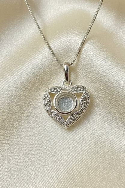 Solid Silver heart shaped pendant with cz to fit 5mm cabochon or resin