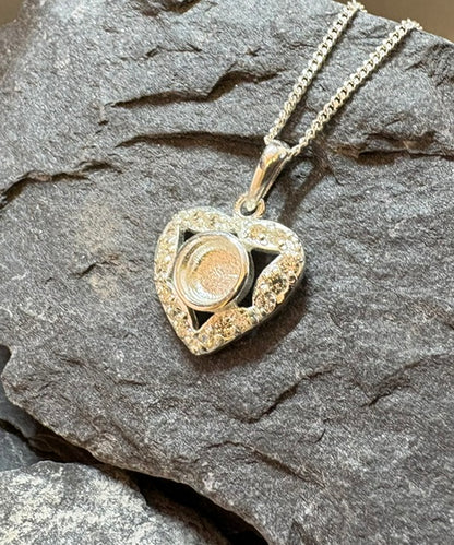 Solid Silver heart shaped pendant with cz to fit 5mm cabochon or resin