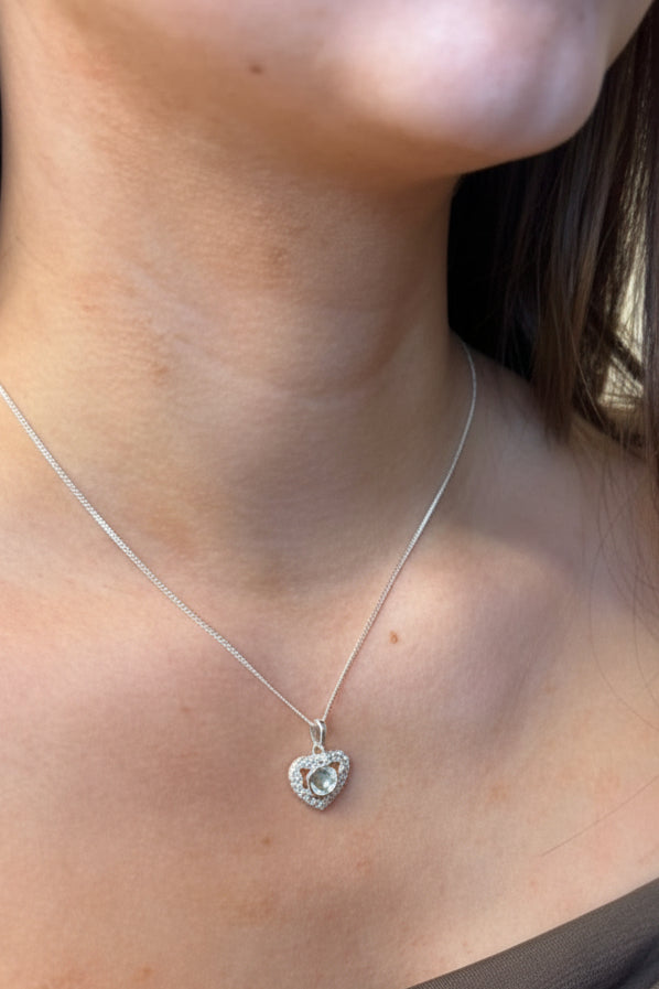 Solid Silver heart shaped pendant with cz to fit 5mm cabochon or resin
