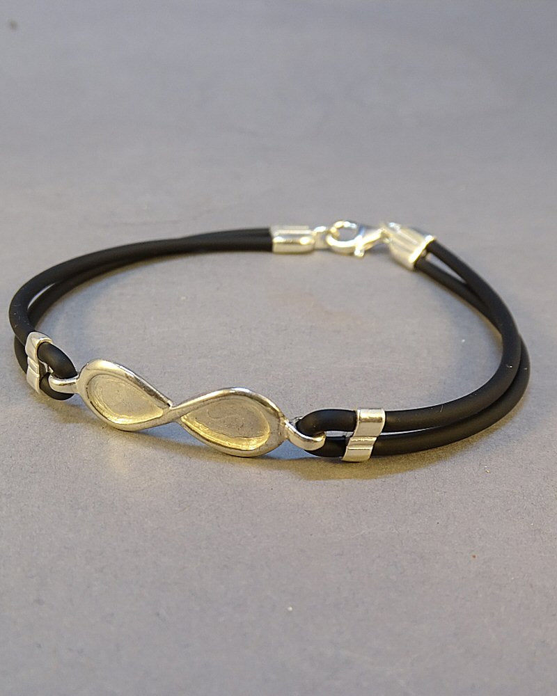 silver infinity bracelet with vegan leather strap