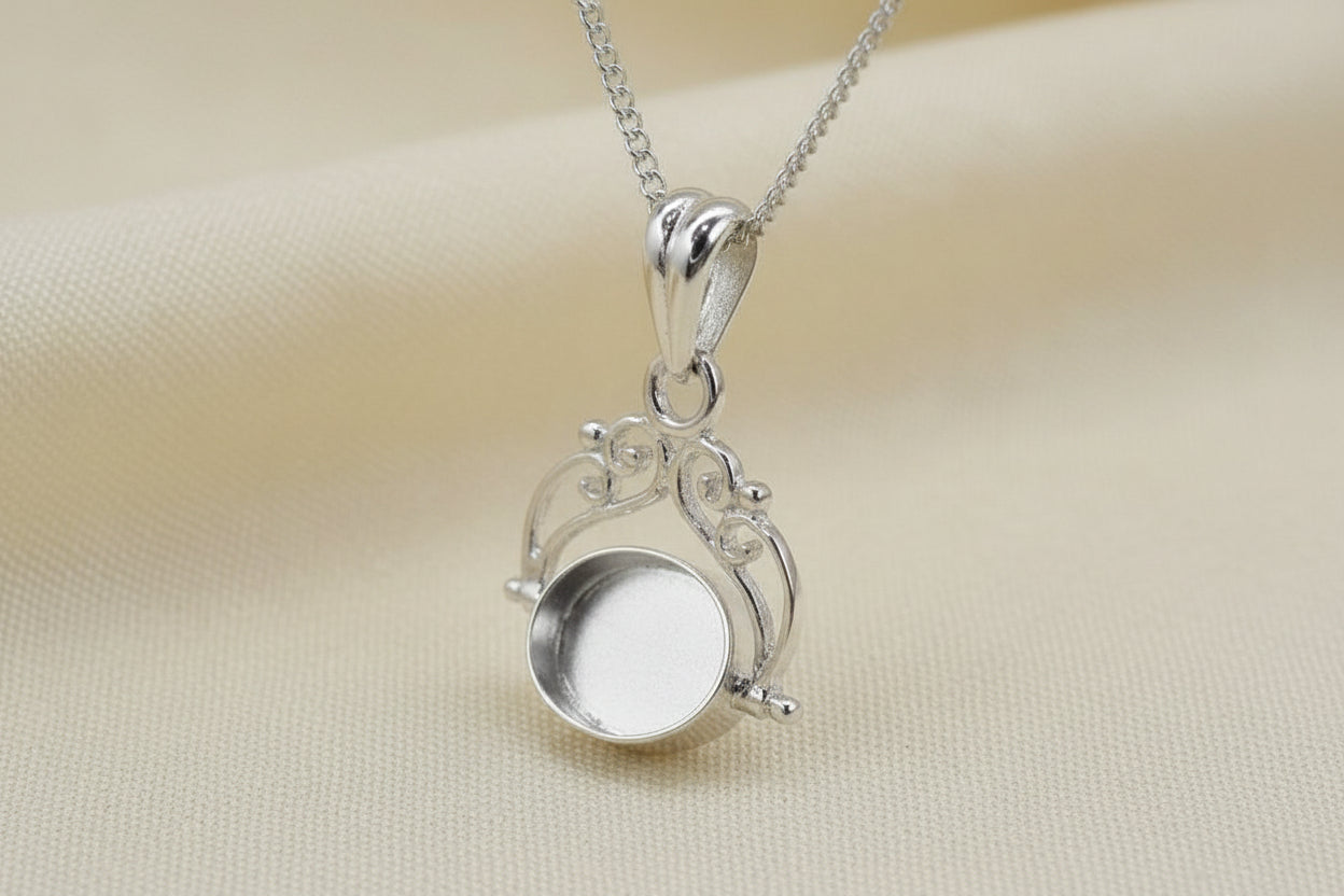 Solid silver fob pendant blank for two 10x8 cabochons or resin