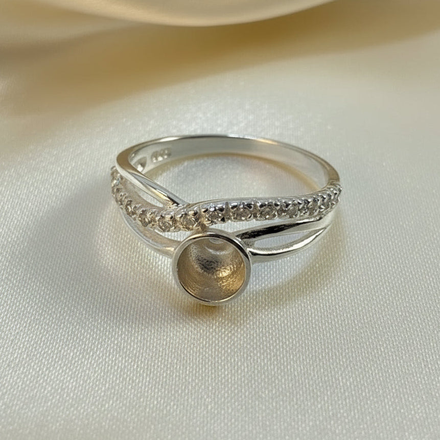 Solid Silver Ring blank with cz  For 5mm Cabochon Or Resin