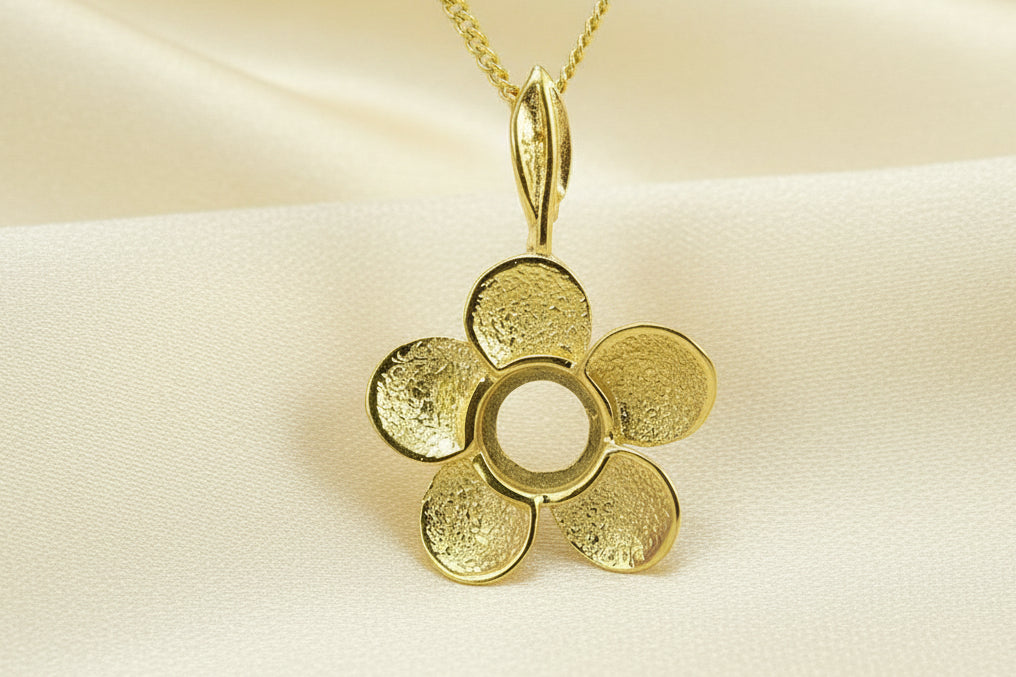 Solid Gold Flower Pendant to Fit 6mm Cabochon