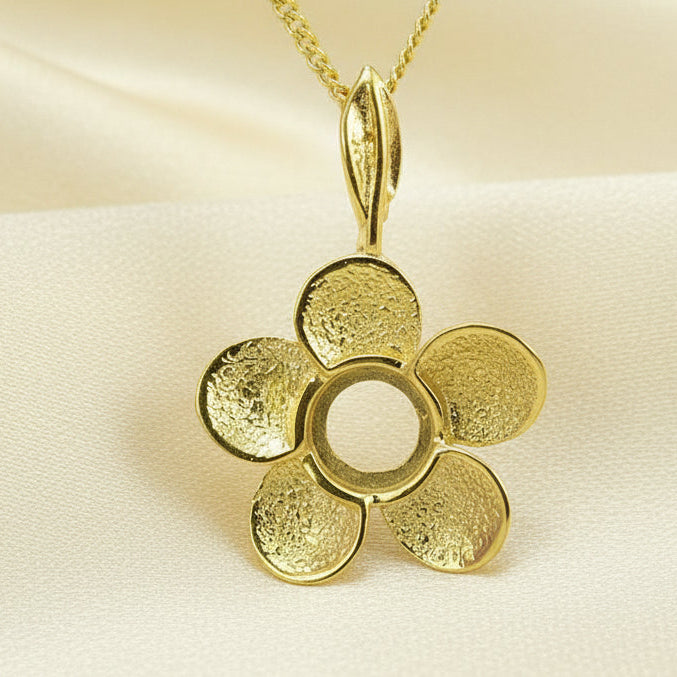 Solid Gold Flower Pendant to Fit 6mm Cabochon