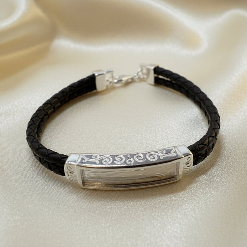Solid Silver Gents Bracelet With Leather Strap