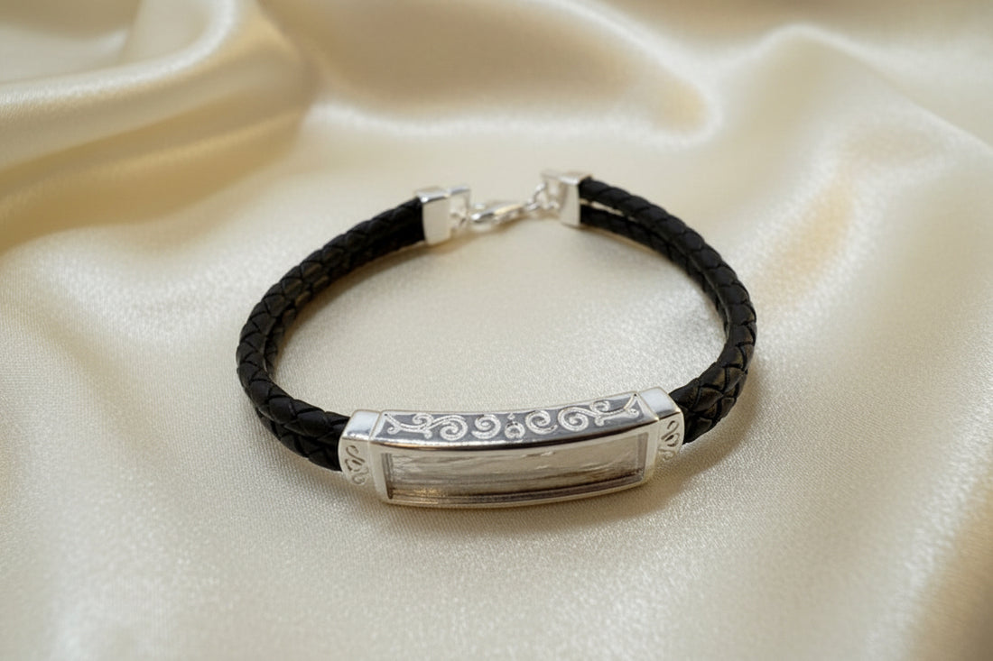 Solid Silver Gents Bracelet With Leather Strap