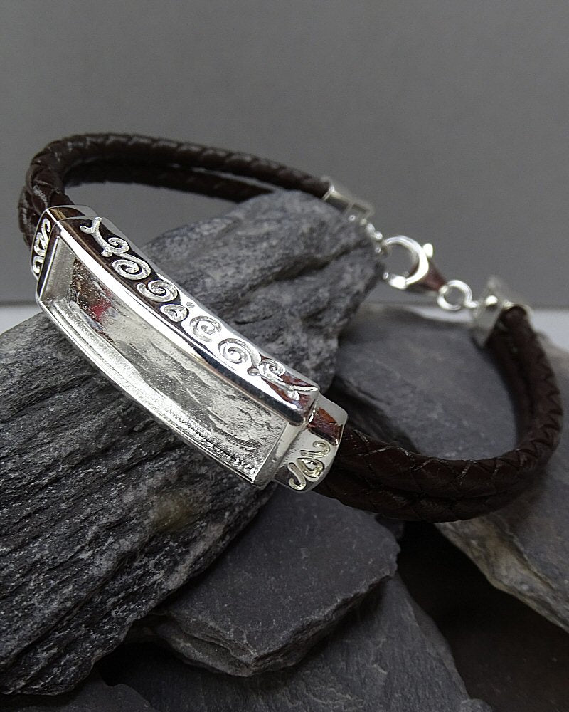 Solid Silver Gents Bracelet With Leather Strap