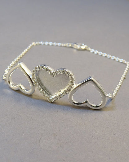 Solid Silver Three Heart Bracelet with cz Stones Suitable For Resin