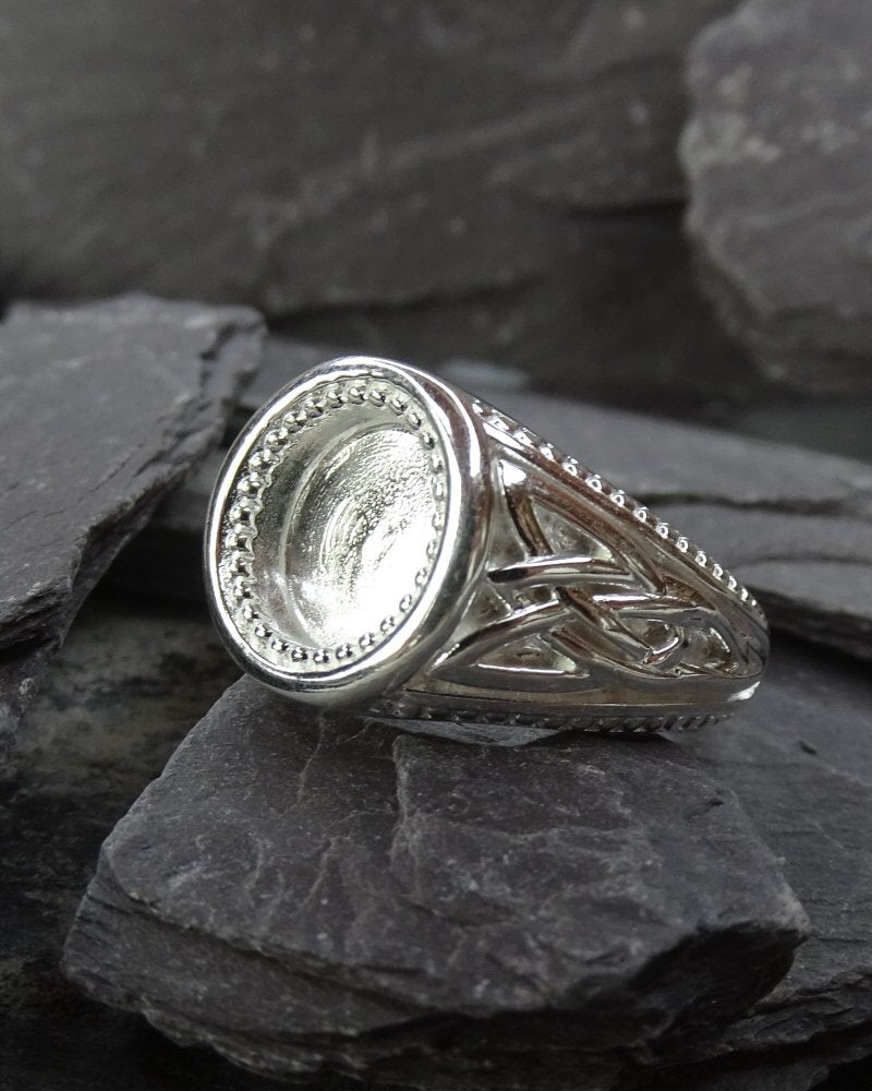 Heavy gents Silver 925 ring with patterned Sides for cabochon or resin