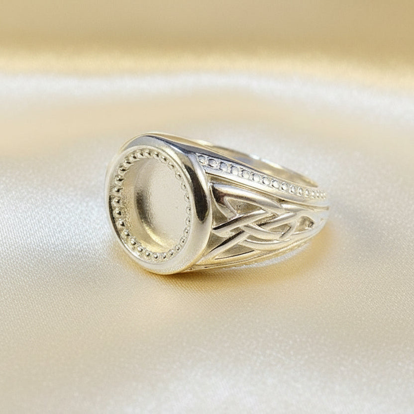 Heavy gents Silver 925 ring with patterned Sides for cabochon or resin