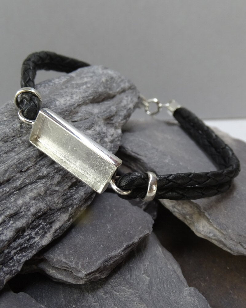Gents Silver Bracelet with Leather Strap suitable for resin