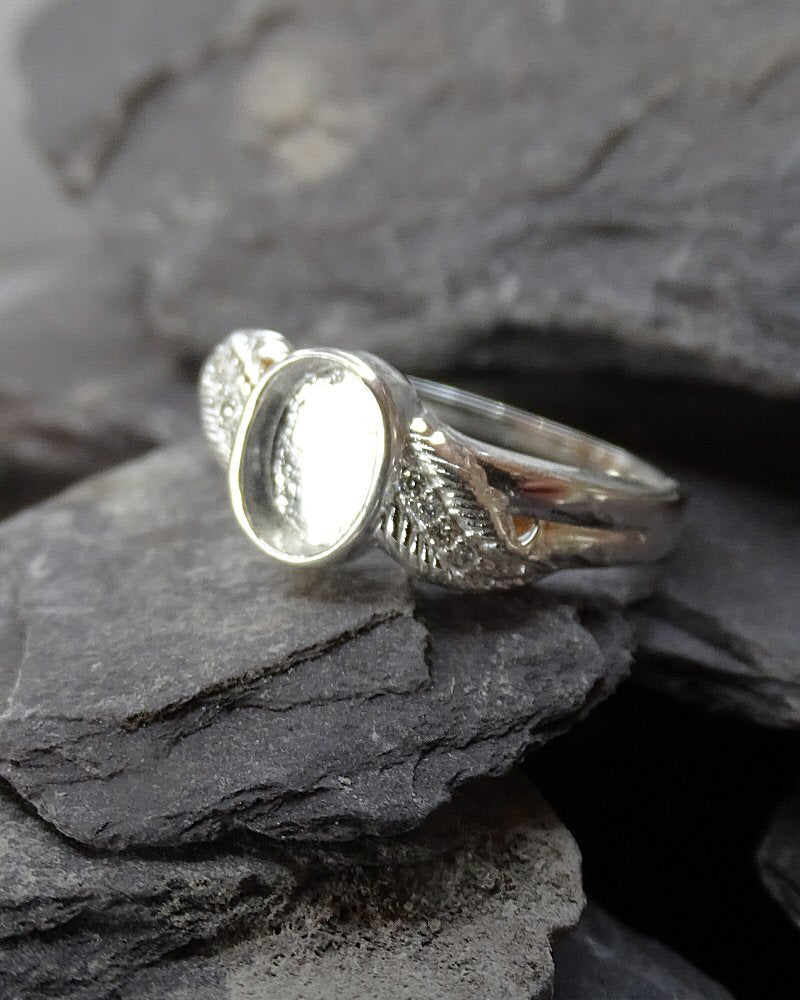 Solid silver Feather ring with cz for 7x5 Cabochon OR resin