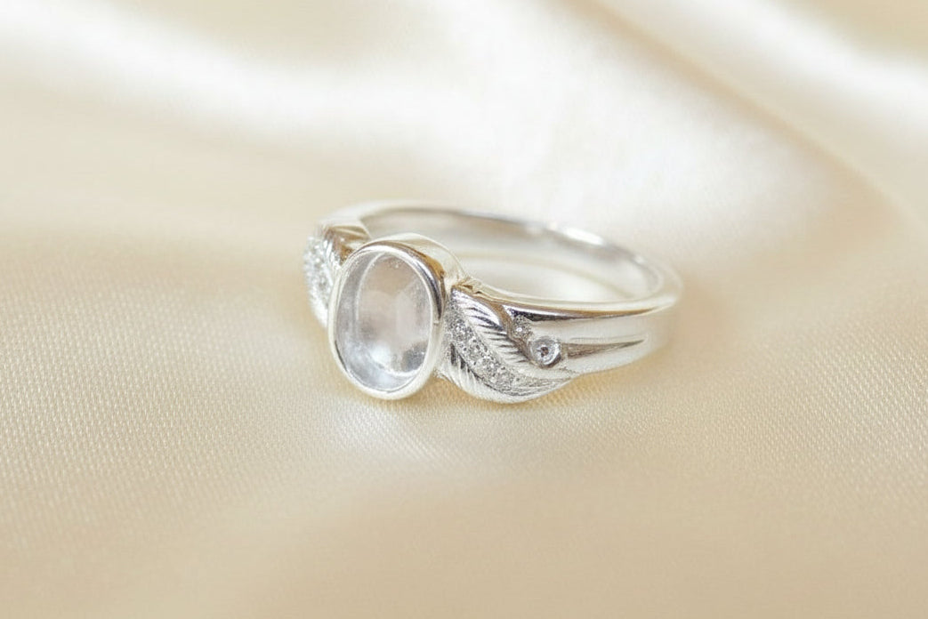 Solid silver Feather ring with cz for 7x5 Cabochon OR resin