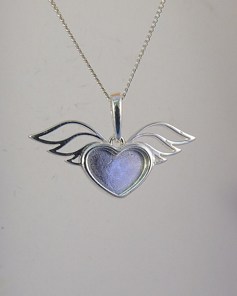 Solid Silver Winged Heart Pendant Setting For Resin