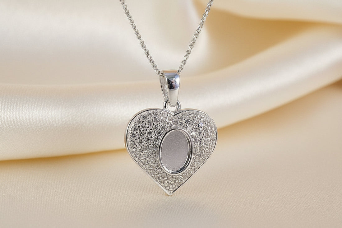 silver heart pendant with cz for resin or cabochon