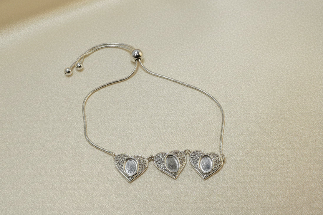 Silver Three Heart Bracelet With CZ To Fit 7x5 or Resin