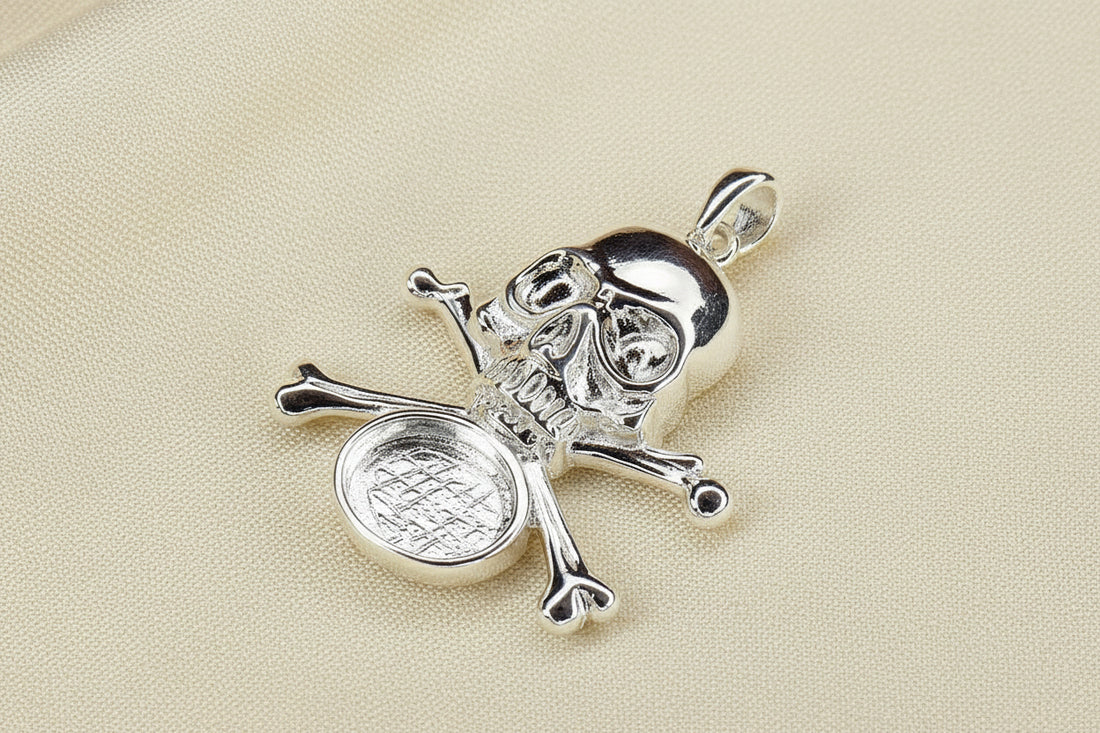 Solid Silver Skull And Crossbones Pendant For Cabochon Or Resin