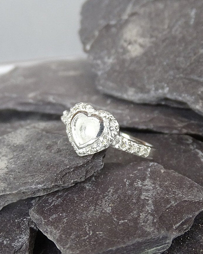 Solid Silver CZ ring setting with heart shaped setting area for resin