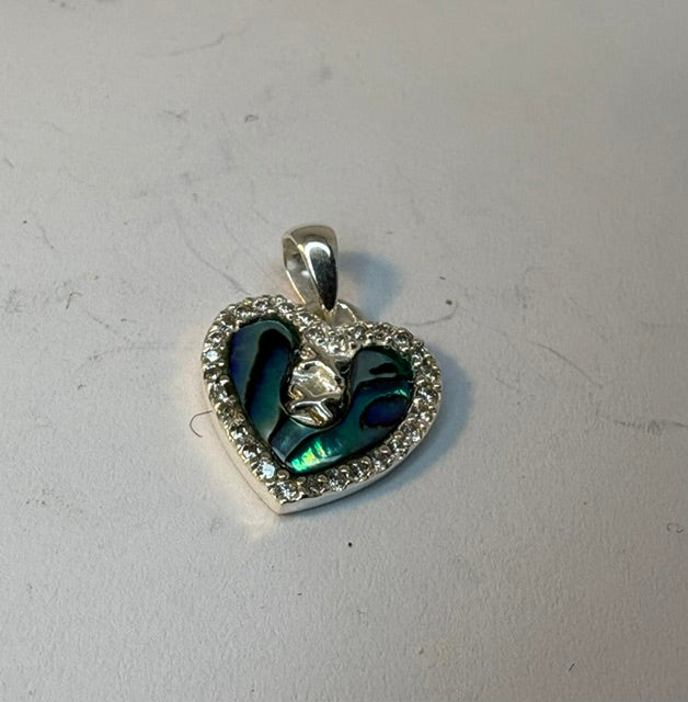 SOLID SILVER HEART PENDANT WITH CZ AND PAUA SHELL