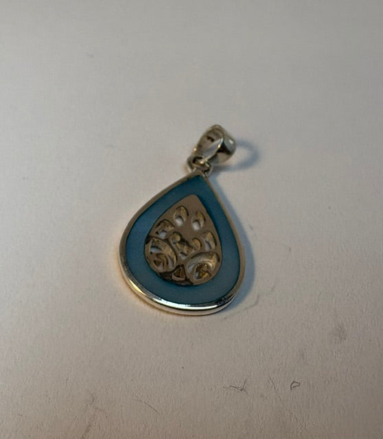 FANCY SILVER TEARDROP PENDANT WITH BLUE ENAMEL