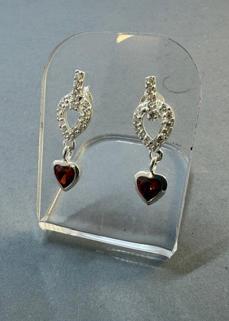 STUNNING HEART EARRINGS WITH CZ AND RED STONE