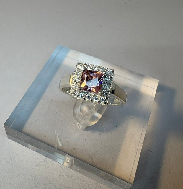 silver dress ring with cz stones and square amethyst style centre stone