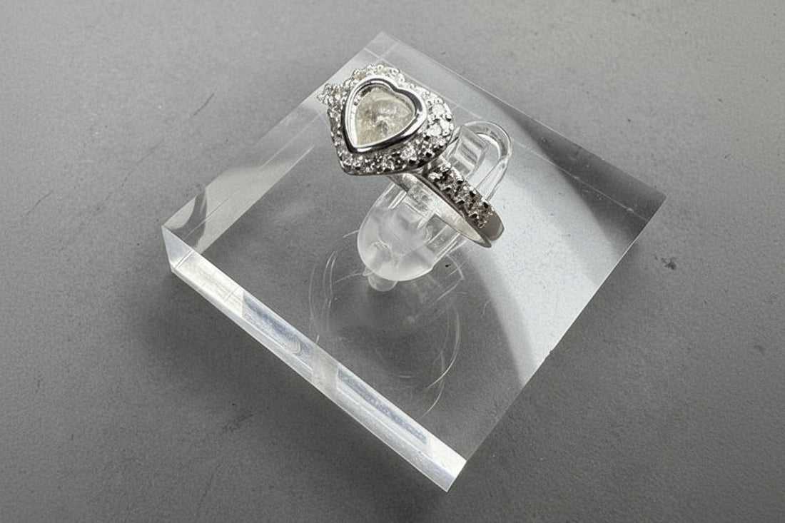 Solid Silver CZ ring setting with heart shaped setting area for resin