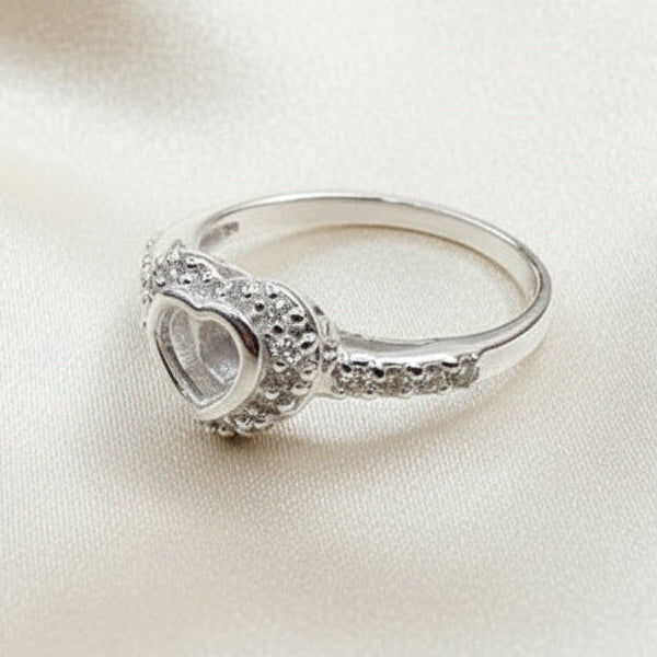 Solid Silver CZ ring setting with heart shaped setting area for resin
