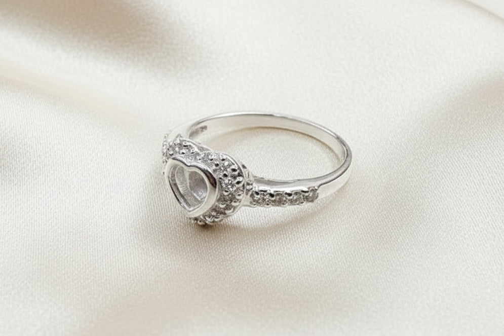 Solid Silver CZ ring setting with heart shaped setting area for resin