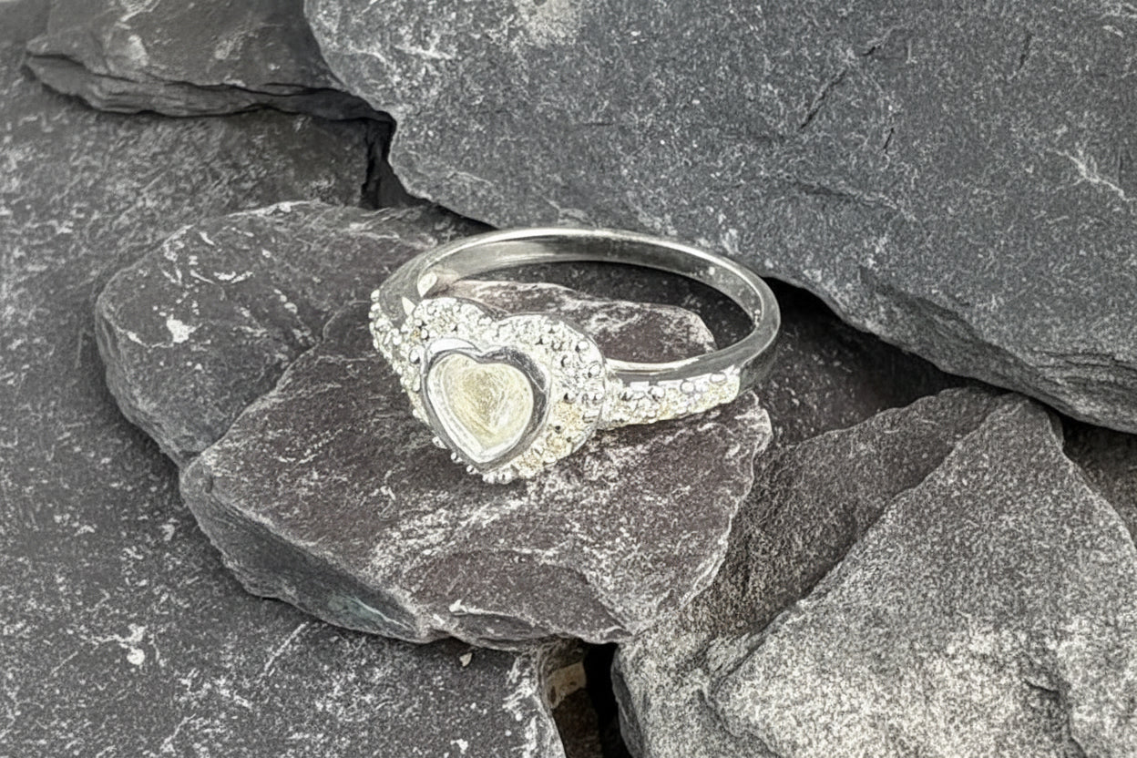 Solid Silver CZ ring setting with heart shaped setting area for resin
