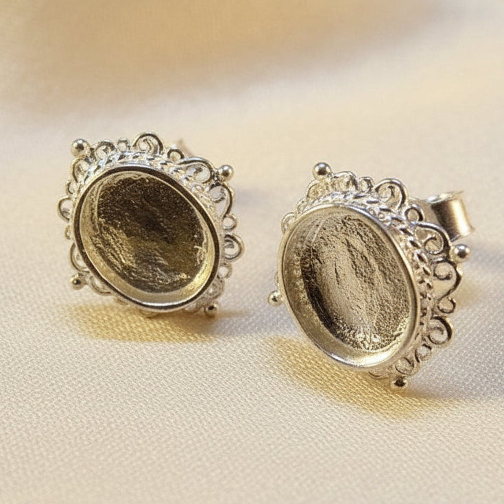 Silver Earstuds Bezel For 8x6 Cabochon