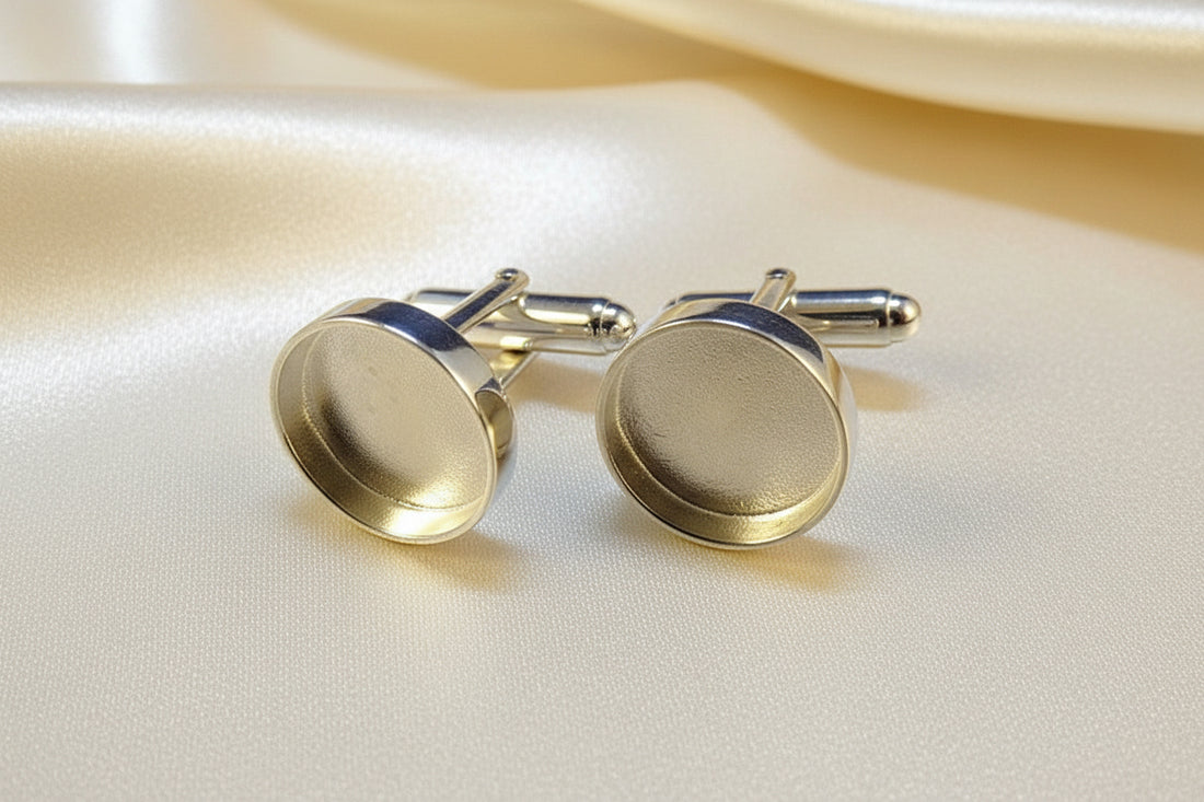 Silver Cufflink Blank For Round 13.8mm Stones Or Resin