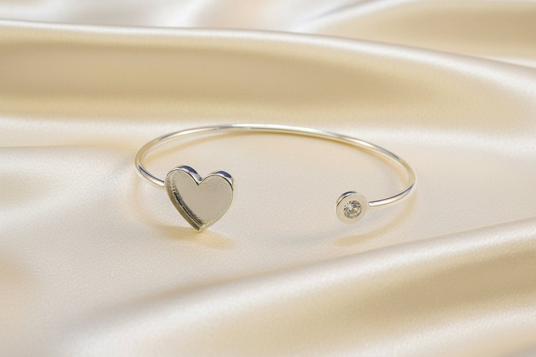 Silver Bangle With Heart Shape Bezel and A CZ