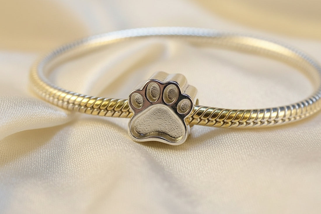 Solid Silver Dog Paw Charm memorial Bangle Bead